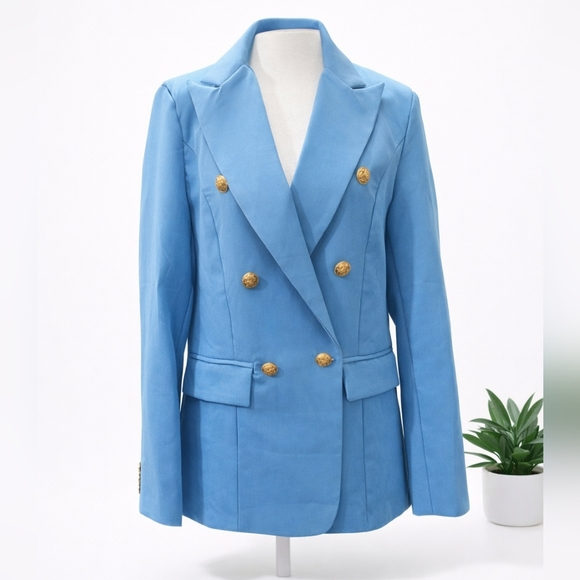 Women's Bright Blue Double-Breasted Blazer - Picture 2 of 4